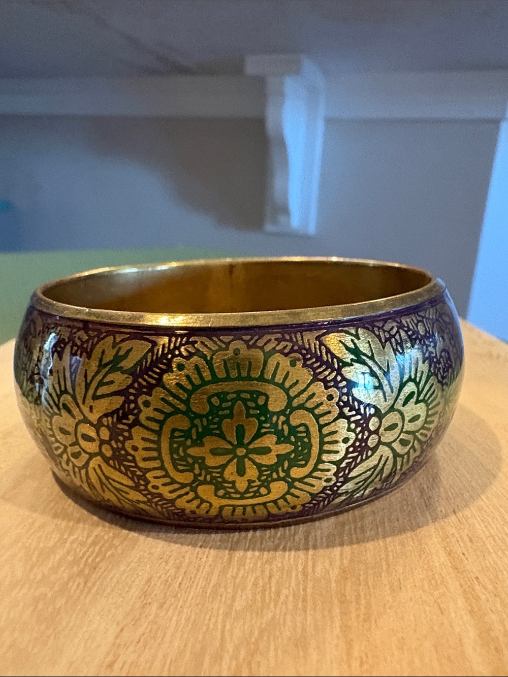 Vintage Wide Brass Bangle Bracelet – Etched Floral Botanical Boho